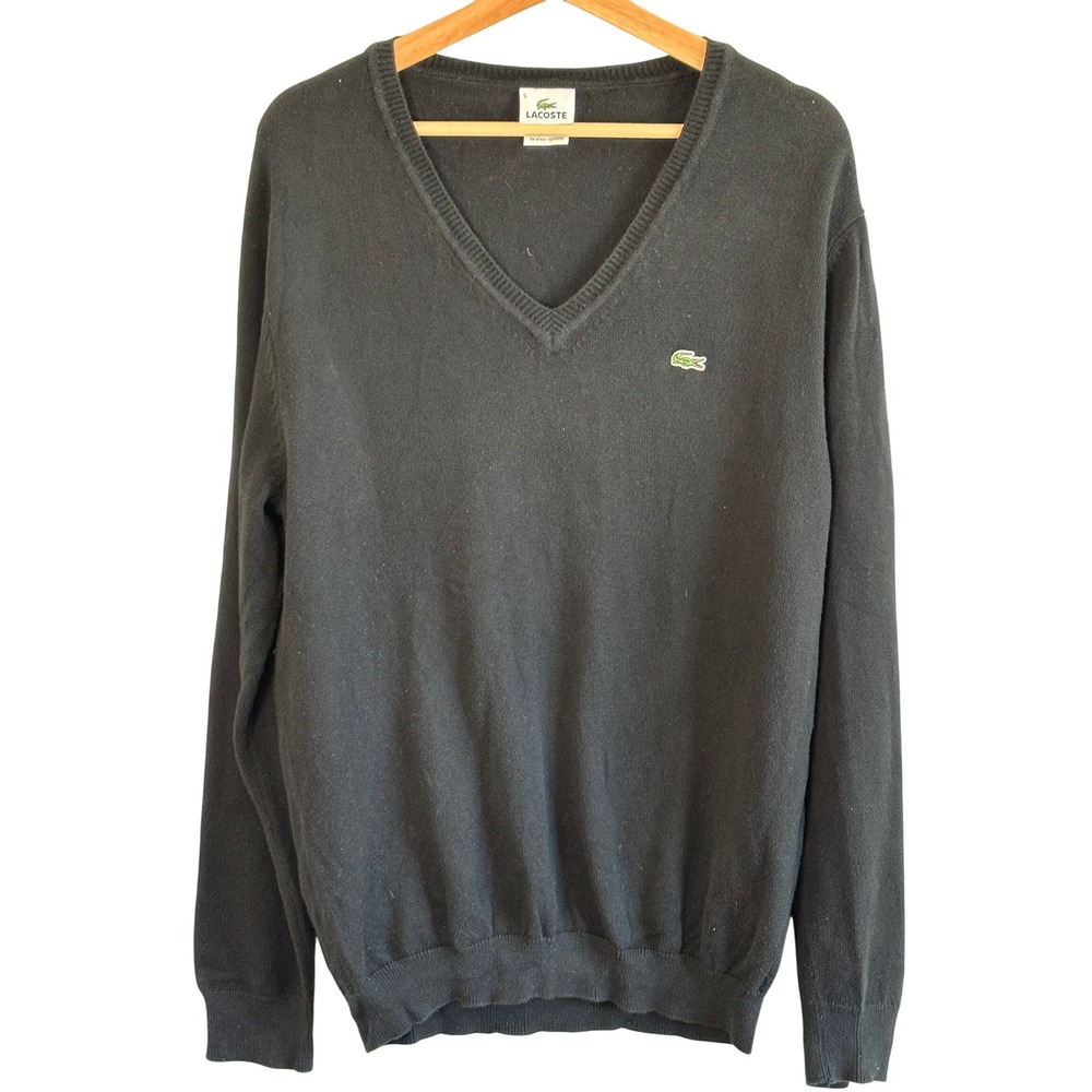 Lacoste V-Neck Sweater Black Mens Size 5 Large Long Sleeve Pullover Knit Logo